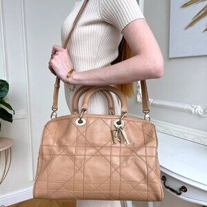 Authentic Christian Dior Cannage Granville Beige Leather Shoulder Bag B0861